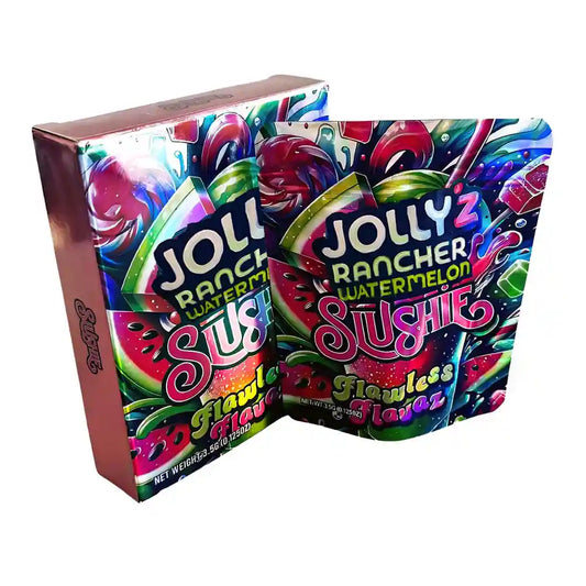 Large mylar bags, Cannabis Mylar Bags, Mylar bag with box, Where to buy mylar bags, Custom mylar bags near me. Colorful packaging of Jolly Rancher Watermelon Sushie with vibrant graphics on a white background.