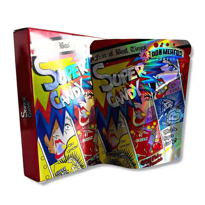 Large mylar bags, herb Mylar Bags, Mylar bag with box, Where to buy mylar bags, Custom mylar bags near me. Colorful packaging of Super Candy with vibrant graphics on a white background