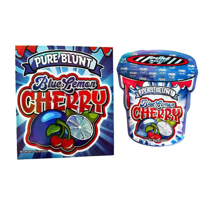 Two Mylar Bag packages of Pure Blunt Blue Lemon Cherry candy on a white background