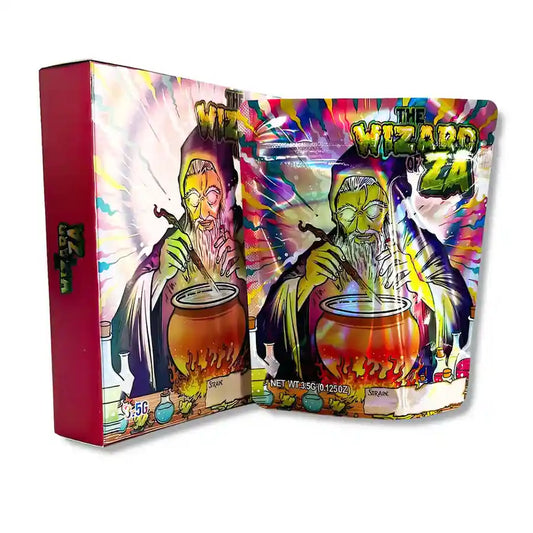 Large mylar bags, Cannabis Mylar Bags, Mylar bag with box, Where to buy mylar bags, Custom mylar bags near me. Colorful packaging with a wizard design and 'The Wizard Za' branding.
