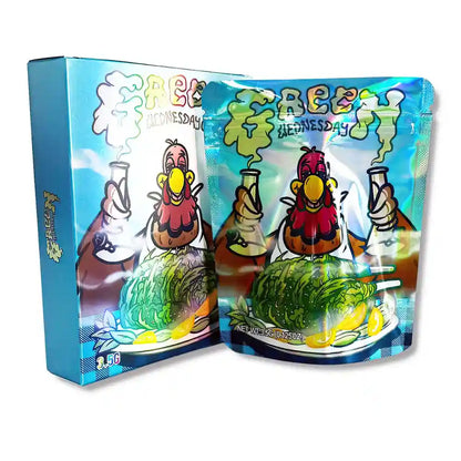 Large mylar bags, herb Mylar Bags, Mylar bag with box, Where to buy mylar bags, Custom mylar bags near me.  Colorful packaging of a product with cartoon characters and text on a white background