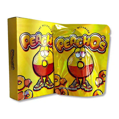 Large mylar bags, herb Mylar Bags, Mylar bag with box, Where to buy mylar bags, Custom mylar bags near me. Peachos candy packaging with cartoon character on a white background