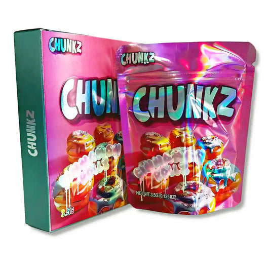 Large mylar bags, Cannabis Mylar Bags, Mylar bag with box, Where to buy mylar bags, Custom mylar bags near me.  Colorful packaging of CHUNKZ candy with a box and a clear bag on a white background.