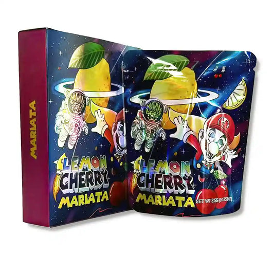 Large mylar bags, Cannabis Mylar Bags, Mylar bag with box, Where to buy mylar bags, Custom mylar bags near me.  Colorful packaging of Lemon Cherry Mariata with cartoon characters and space-themed design.