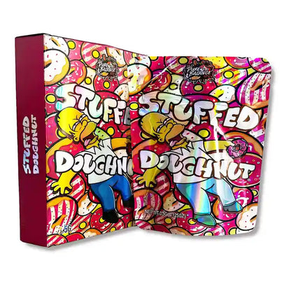 Large mylar bags, herb Mylar Bags, Mylar bag with box, Where to buy mylar bags, Custom mylar bags near me.  Colorful packaging of 'Stuffed Doughnut' with cartoon characters on a white background