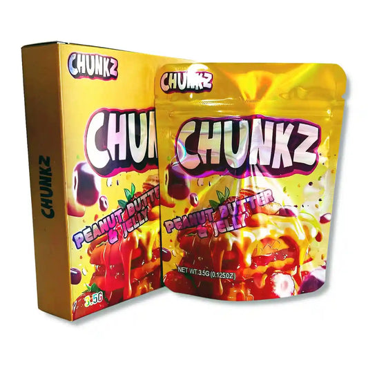 Large mylar bags, Cannabis Mylar Bags, Mylar bag with box, Where to buy mylar bags, Custom mylar bags near me.  Yellow packaging of Chunkz Peanut Butter & Jelly snack with colorful design
