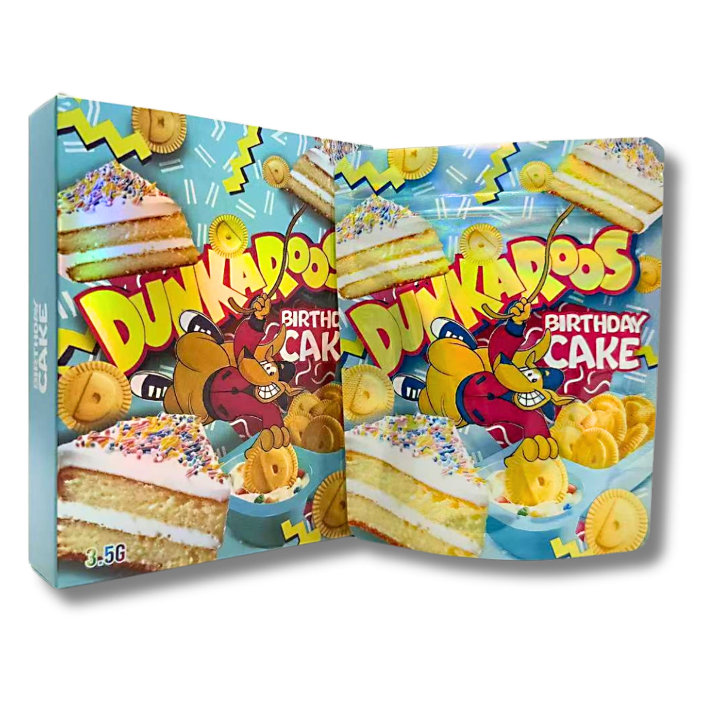 Mylar bags with box, herb Mylar Bags, Where to buy mylar bags, Custom mylar bags near me, Mylar Bags Wholesale. Dunkaroos Birthday Cake toy packaging with cartoon characters and cake graphics.
