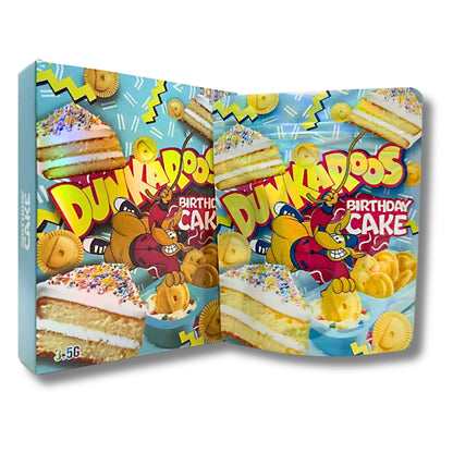 Mylar bags with box, herb Mylar Bags, Where to buy mylar bags, Custom mylar bags near me, Mylar Bags Wholesale. Dunkaroos Birthday Cake toy packaging with cartoon characters and cake graphics.