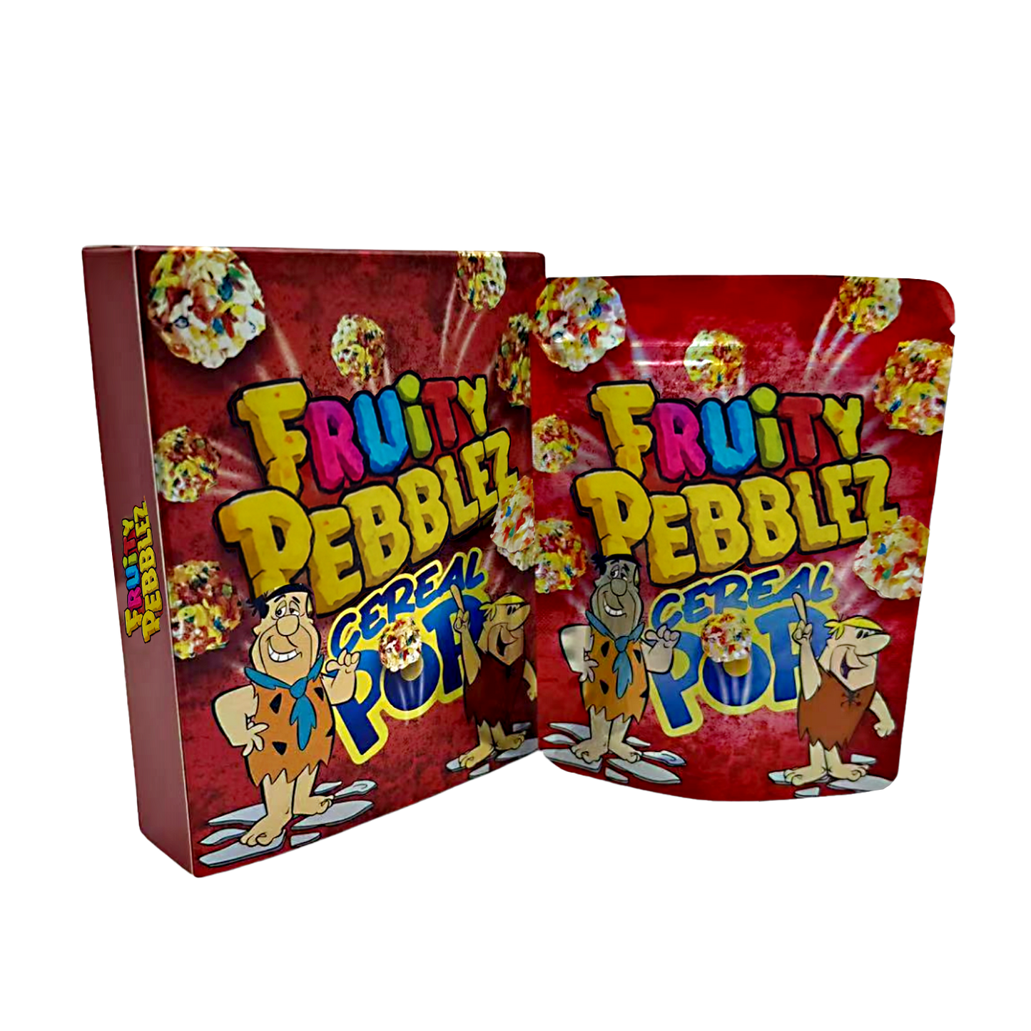 Mylar Bag Fruity Pebblez cereal pop packaging with cartoon characters on a white background