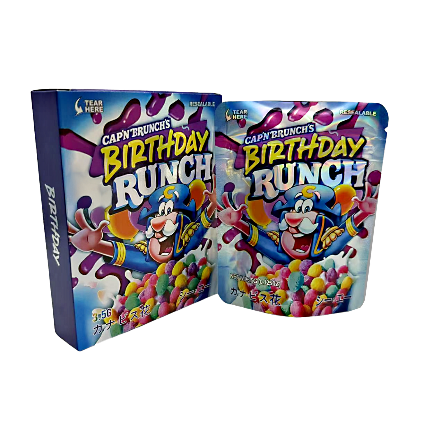 Mylar Bag Cap'n Brunch's Birthday Runch cereal packaging on a white background