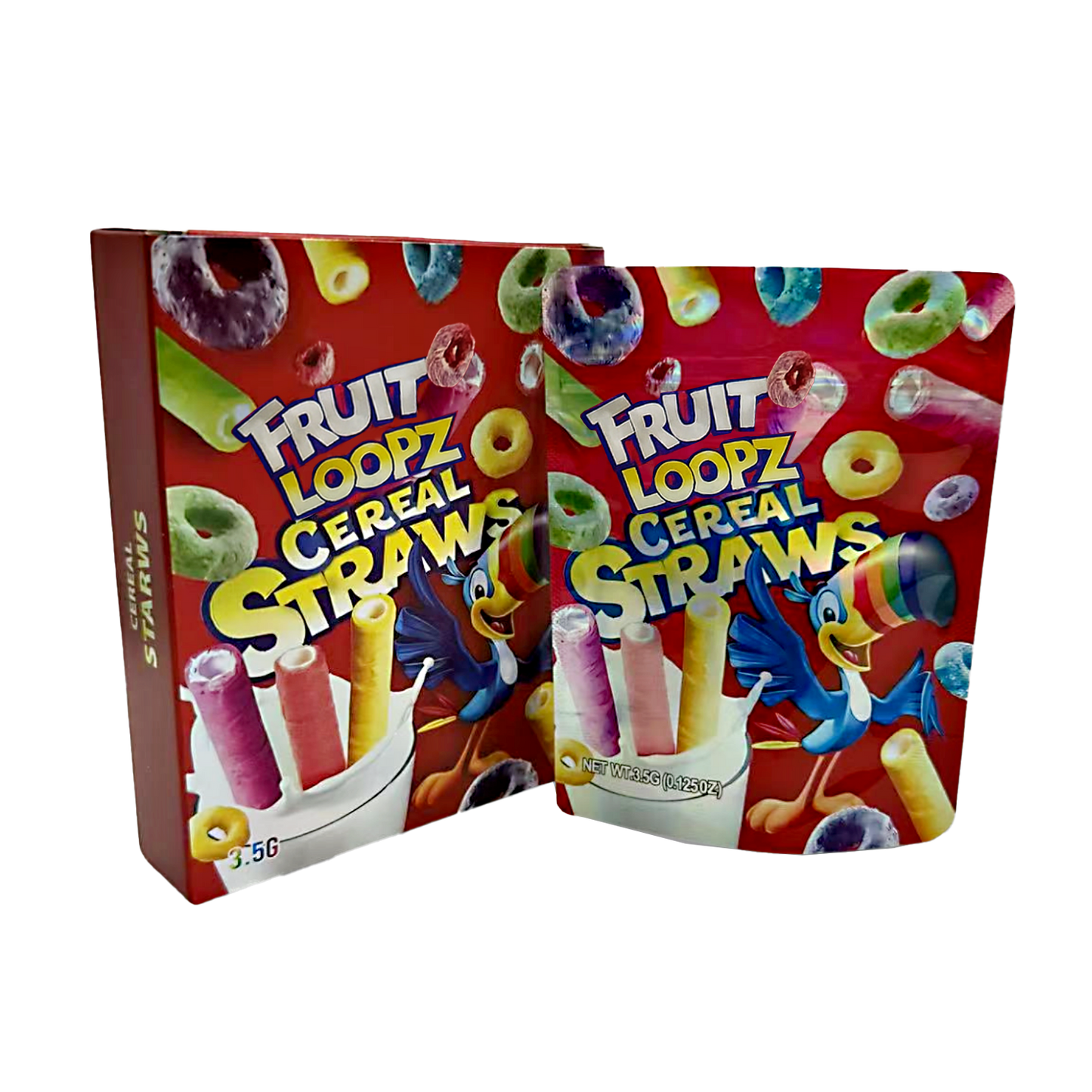Two Mylar Bag packages of Fruit Loopz Cereal Straws on a white background