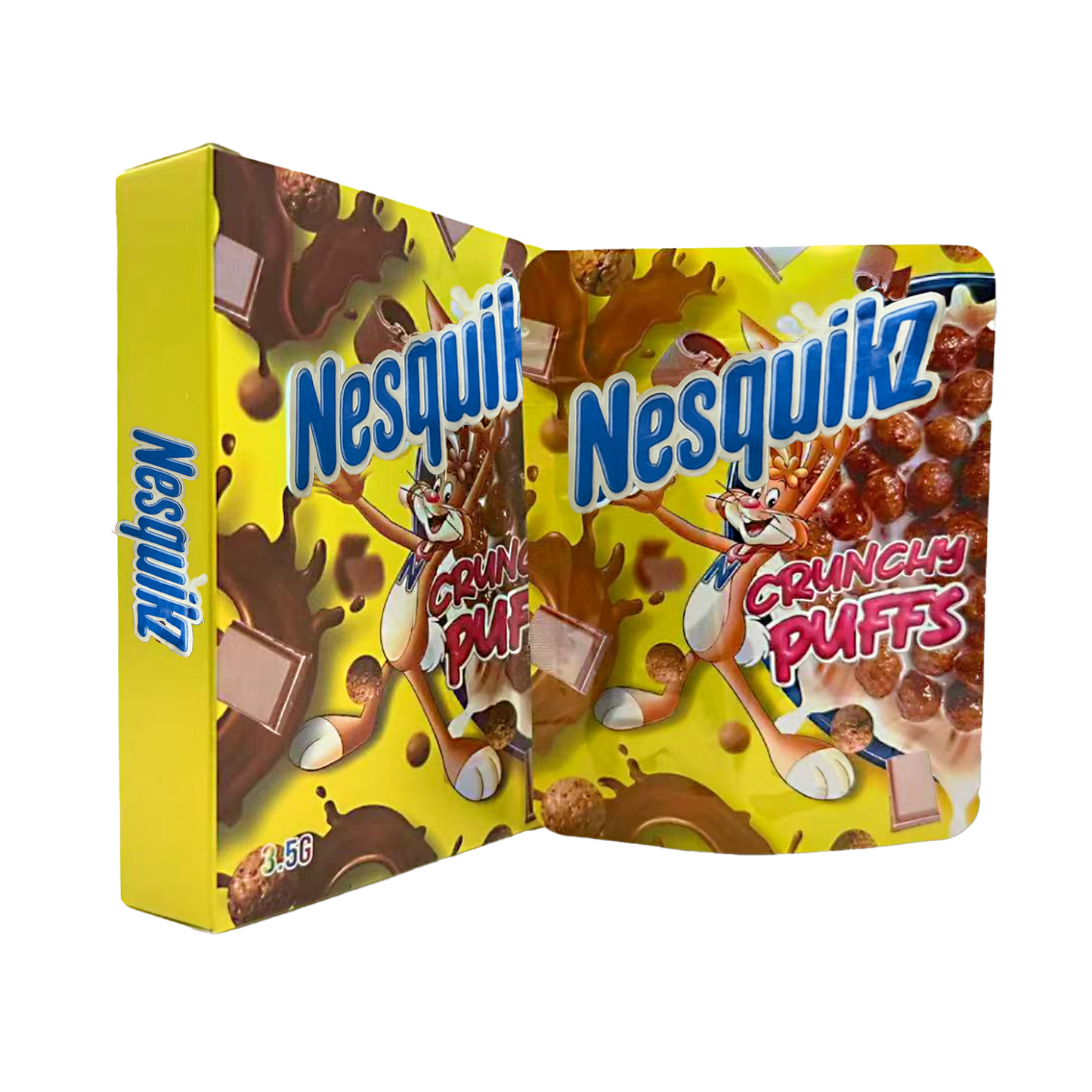 Mylar Bag Nesquik Crunchy Puffs cereal box packaging on a white background