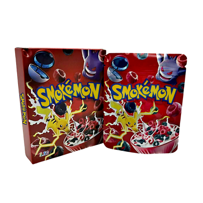 Mylar Bag Pokémon cereal boxes with colorful design and character illustrations on a white background