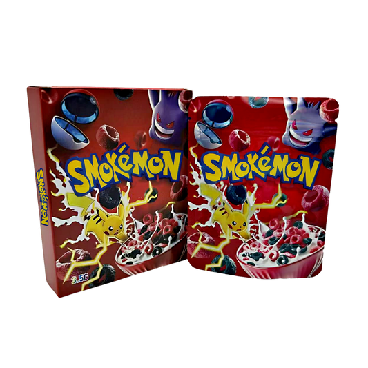 Mylar Bag Pokémon cereal boxes with colorful design and character illustrations on a white background