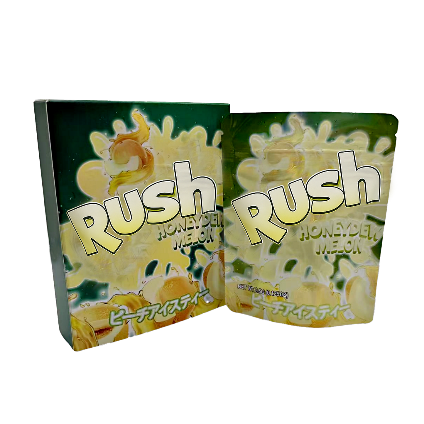 Two Mylar Bag packages of Rush Honeydew Melon candy on a white background