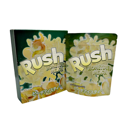 Two Mylar Bag packages of Rush Honeydew Melon candy on a white background