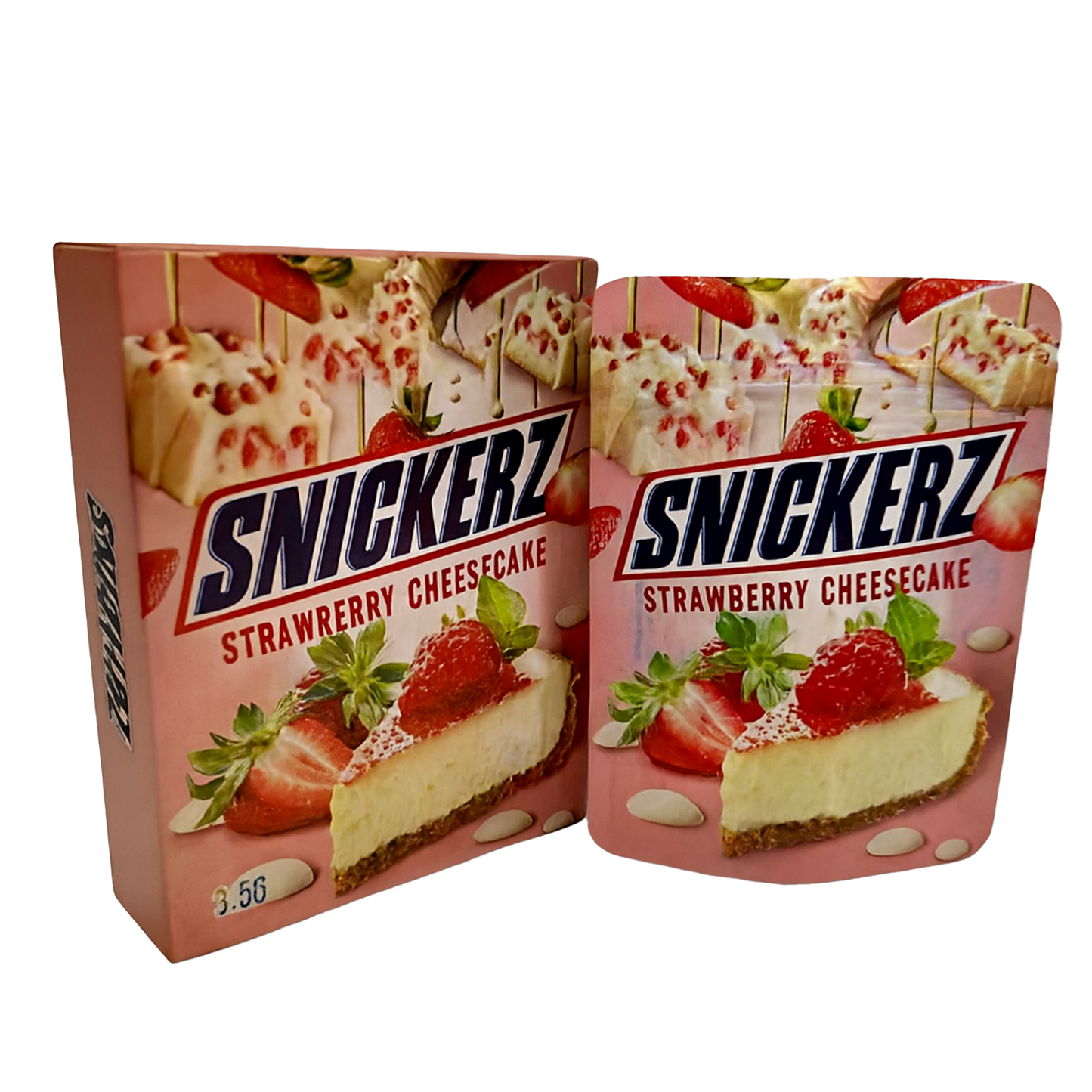 Mylar Bag Snickerz Strawberry Cheesecake packaging on a white background
