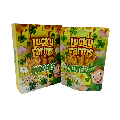 Two Mylar Bag packages of Lucky Farms Honey Clovers on a white background