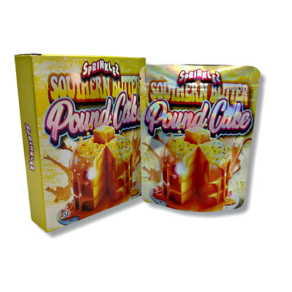 Mylar bags with box, herb Mylar Bags, Where to buy mylar bags, Custom mylar bags near me, Mylar Bags Wholesale. Two packages of Southern Butter Pound Cake with a yellow box and white bag on a white background.
