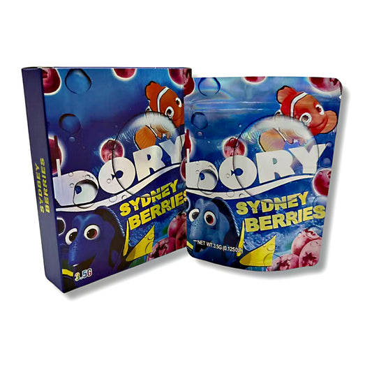 Mylar bags with box, Cannabis Mylar Bags, Where to buy mylar bags, Custom mylar bags near me, Mylar Bags Wholesale. Dory Sydney Berries packaging with character design on a white background