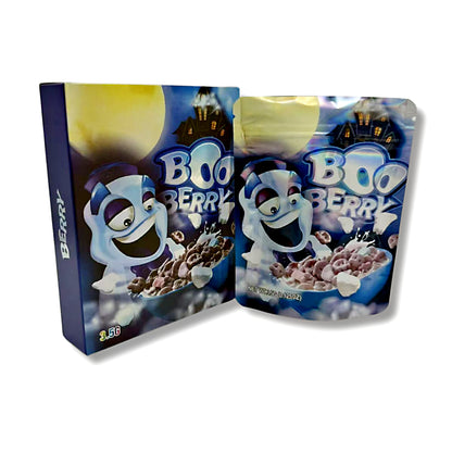 Mylar bags with box, herb Mylar Bags, Where to buy mylar bags, Custom mylar bags near me, Mylar Bags Wholesale. Boo Berry cereal box and packaging on a white background