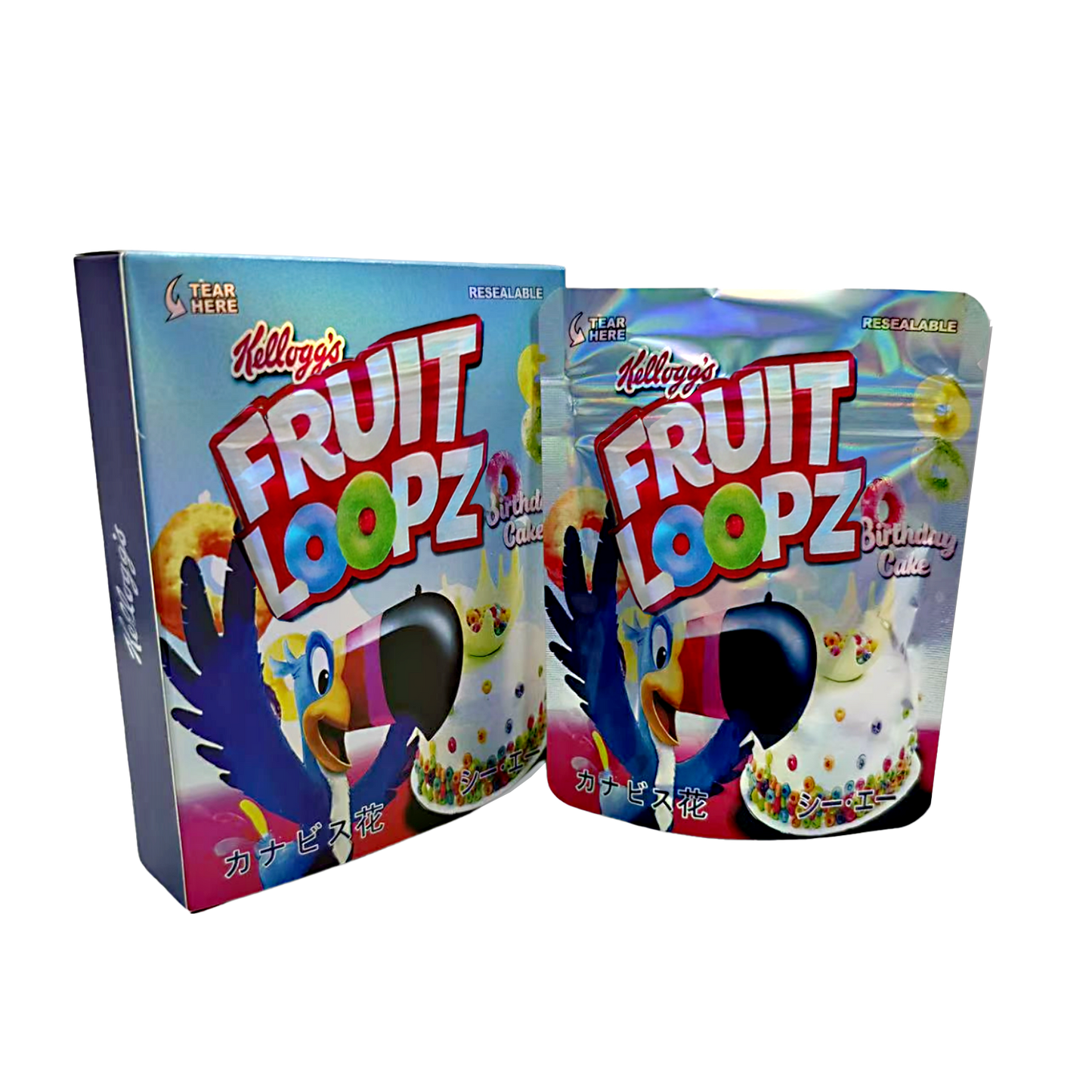 Two Mylar Bag packages of Kellogg's Fruit Loopz Birthday Cake flavor on a white background