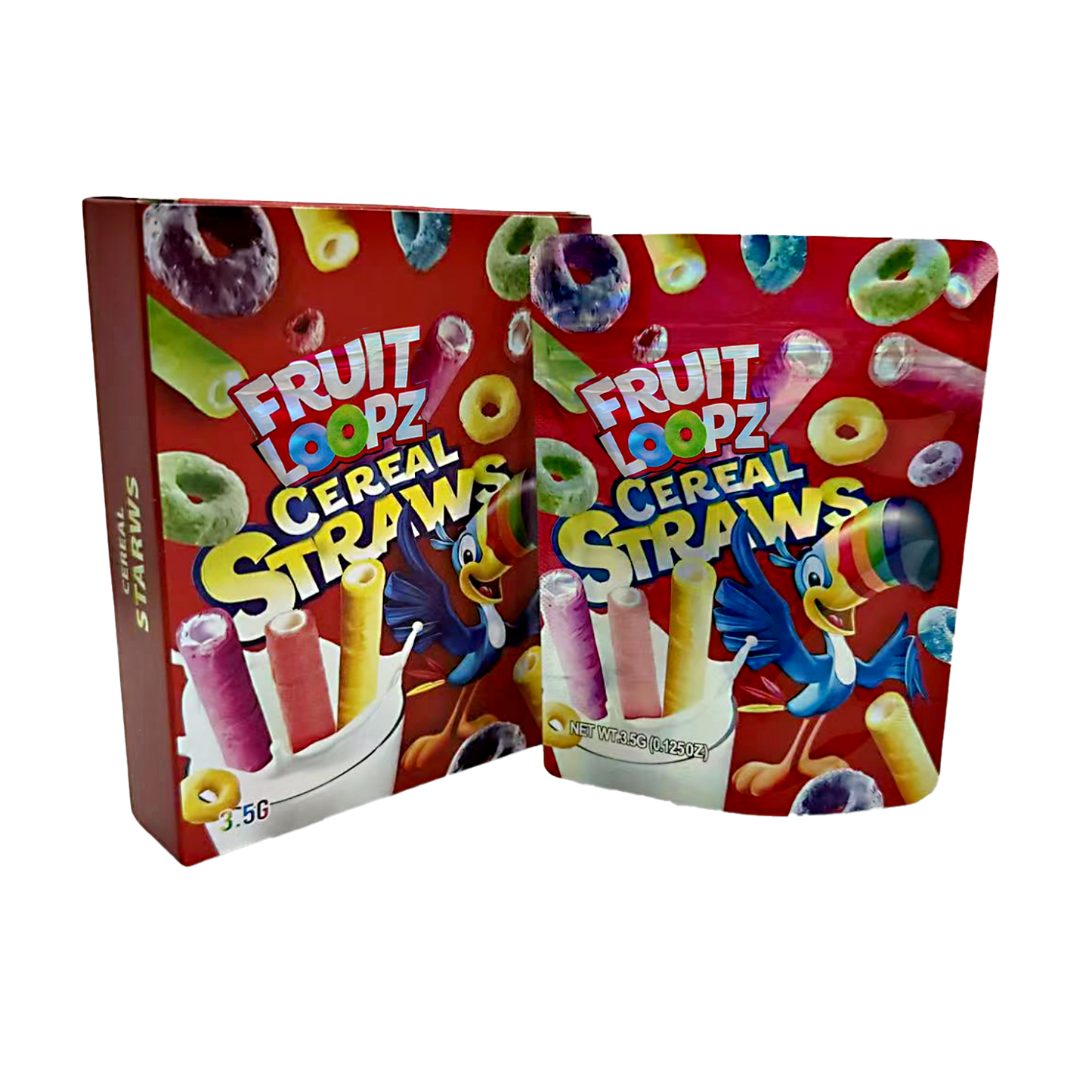 Mylar Bag Fruit Loopz Cereal Straws packaging on a white background