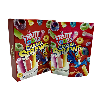 Mylar Bag Fruit Loopz Cereal Straws packaging on a white background