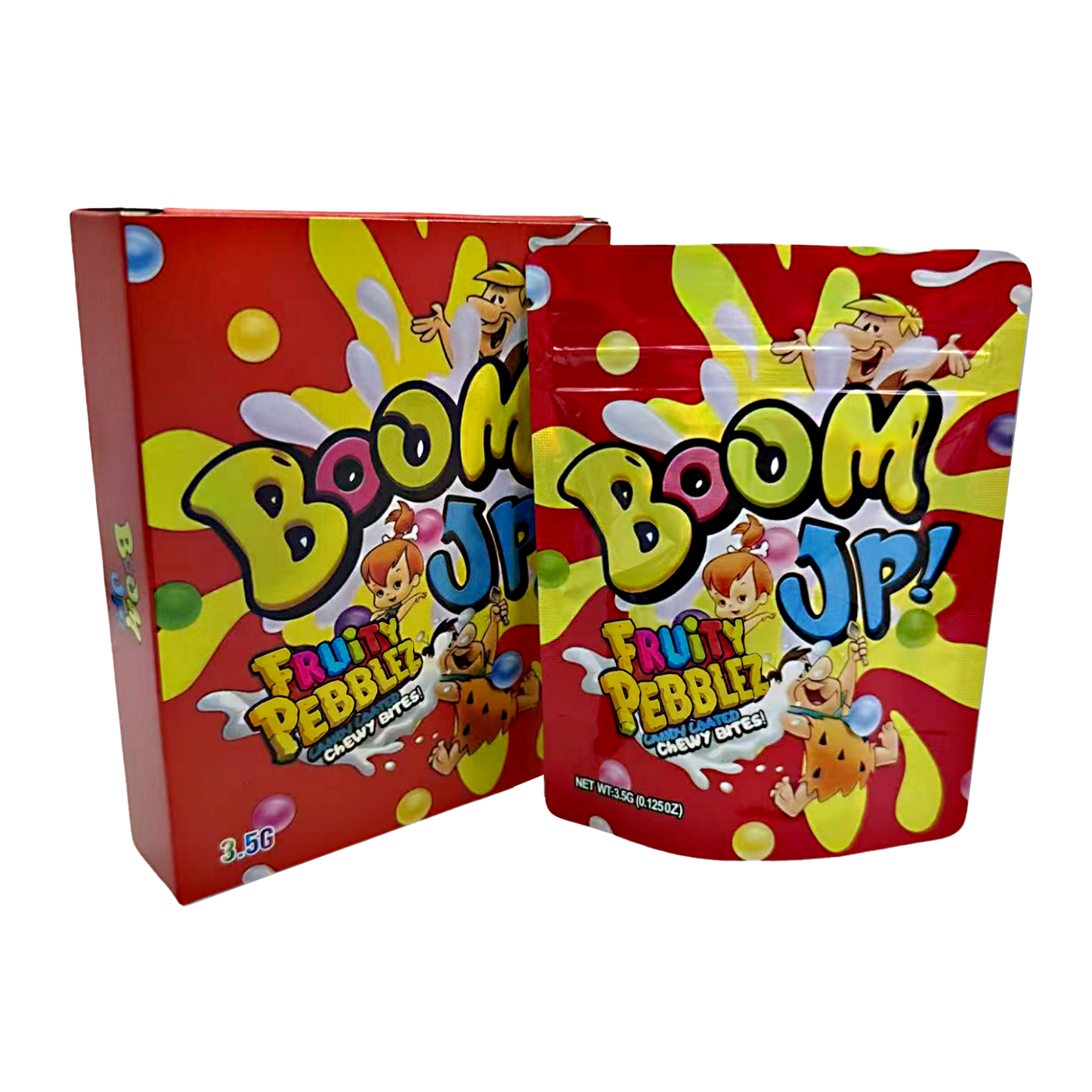Mylar Bag Boom JP Fruity Pebbles candy box and bag on a white background