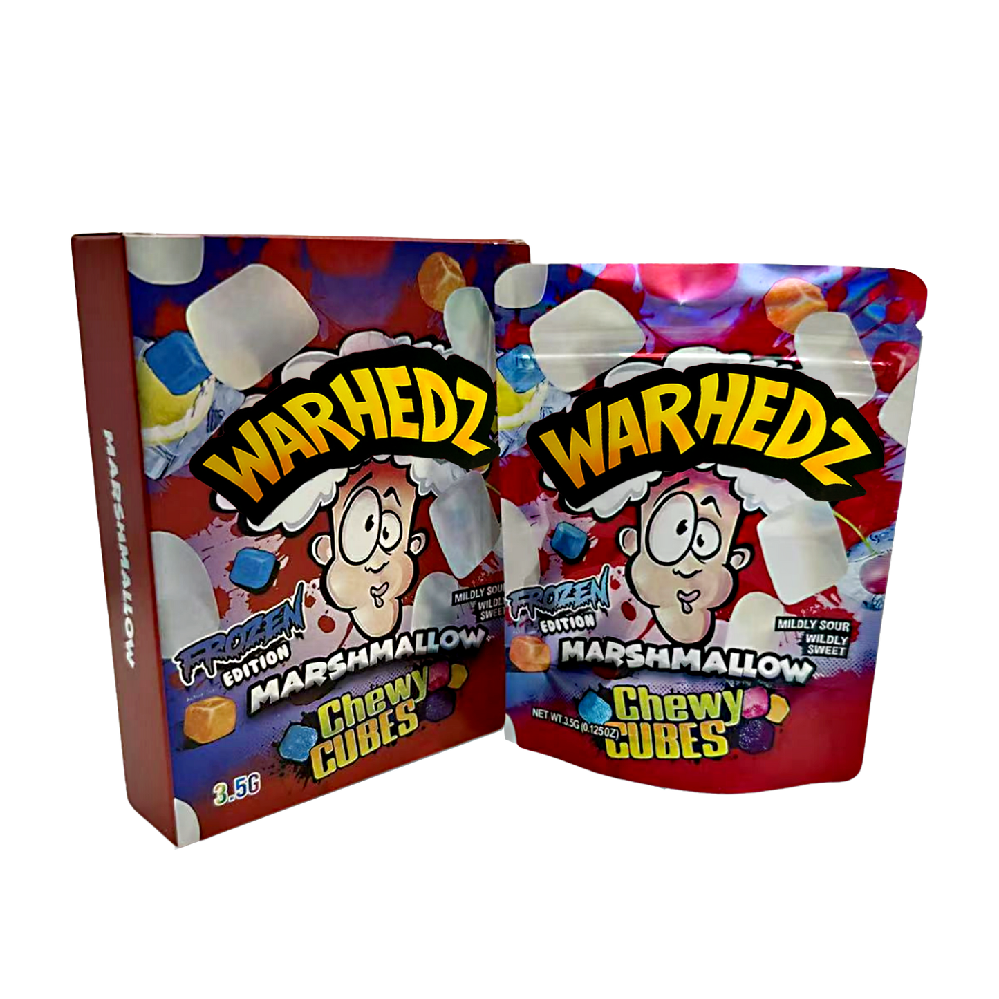 Two Mylar Bag packages of Warhedz chewy cubes with colorful packaging on a white background