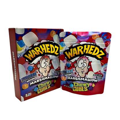 Two Mylar Bag packages of Warhedz chewy cubes with colorful packaging on a white background