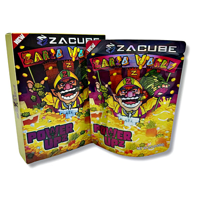 Mylar bags with box, herb Mylar Bags, Where to buy mylar bags, Custom mylar bags near me, Mylar Bags Wholesale. Zacube 'Power Upz' candy packaging with colorful design and character illustration.