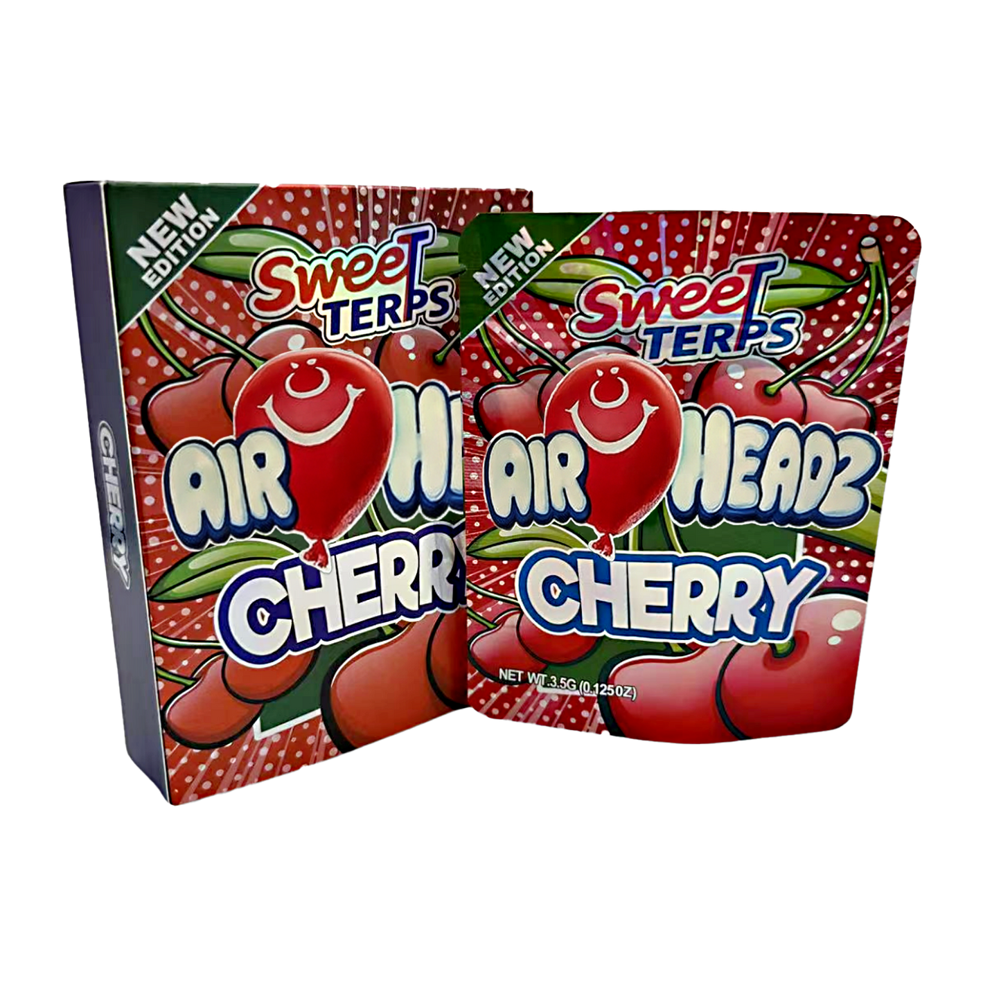 Two Mylar Bag packages of Sweet Terps Air Headz Cherry candy on a white background