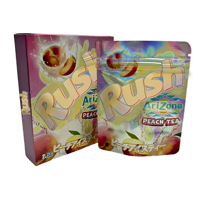 Mylar Bag Arizona Peach Tea Rush packaging with colorful design on a white background