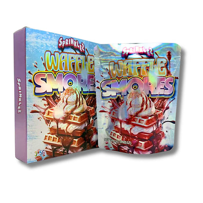 Mylar bags with box, herb Mylar Bags, Where to buy mylar bags, Custom mylar bags near me, Mylar Bags Wholesale. Waffle S'mores packaging with ice cream and waffles on a white background