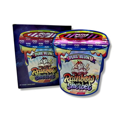 Mylar bags with box, herb Mylar Bags, Where to buy mylar bags, Custom mylar bags near me, Mylar Bags Wholesale. Two packages of Pure Blunt Rainbow Sherbet on a white background