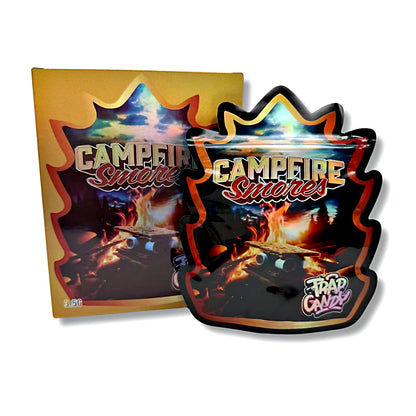Mylar bags with box, herb Mylar Bags, Where to buy mylar bags, Custom mylar bags near me, Mylar Bags Wholesale.Two 'Campefire Smores' product packages with a campfire design on a white background.