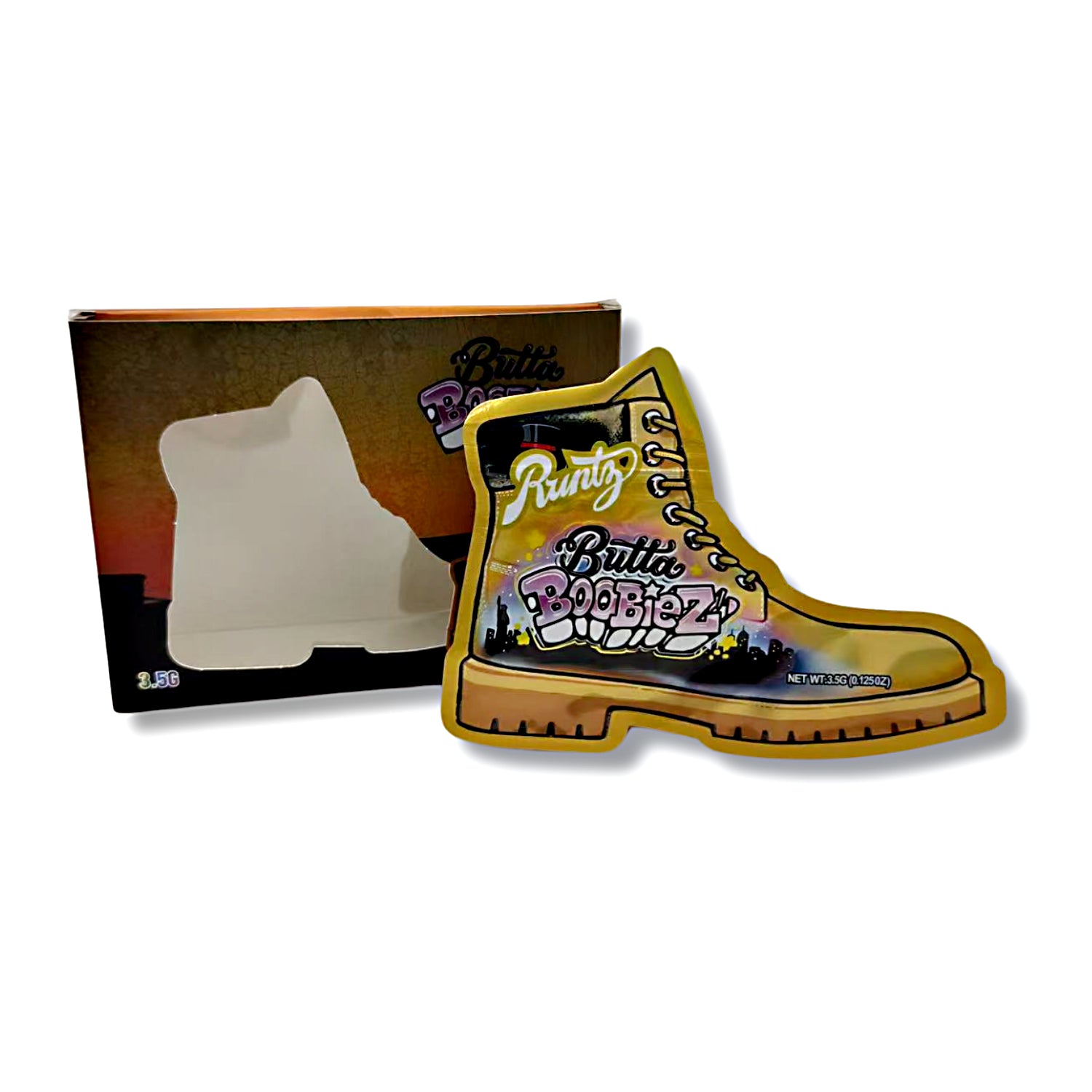 Mylar bags with box, Cannabis Mylar Bags, Where to buy mylar bags, Custom mylar bags near me, Mylar Bags Wholesale. Yellow boot-shaped product with branding next to a box on a white background