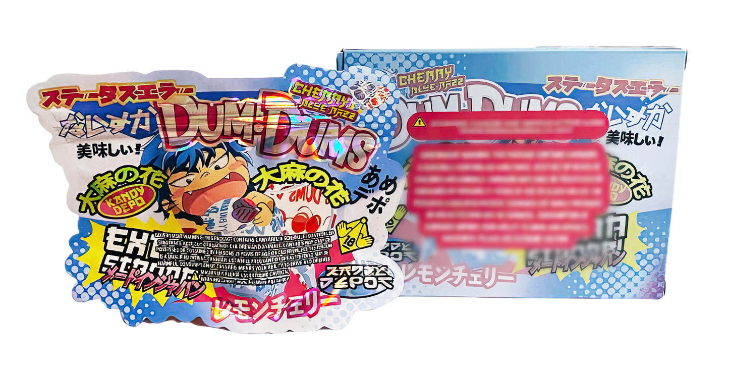 3.5g Shaped Mylar Storage Bag with Box - Cherry Dum Dums (25 Storage Bags+25Boxes)