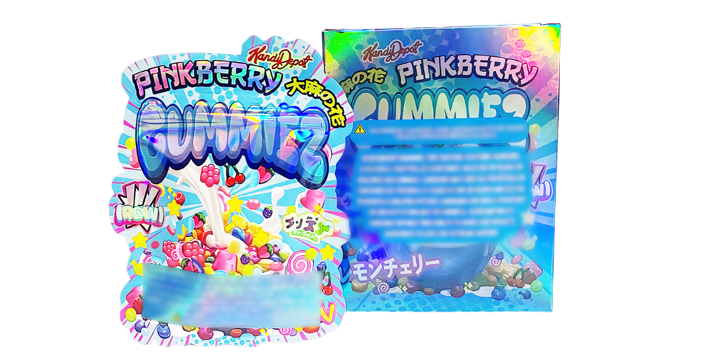 3.5g Shaped Mylar Storage Bag with Box - Pinkberry Gummiez (25 Storage Bags+25Boxes)