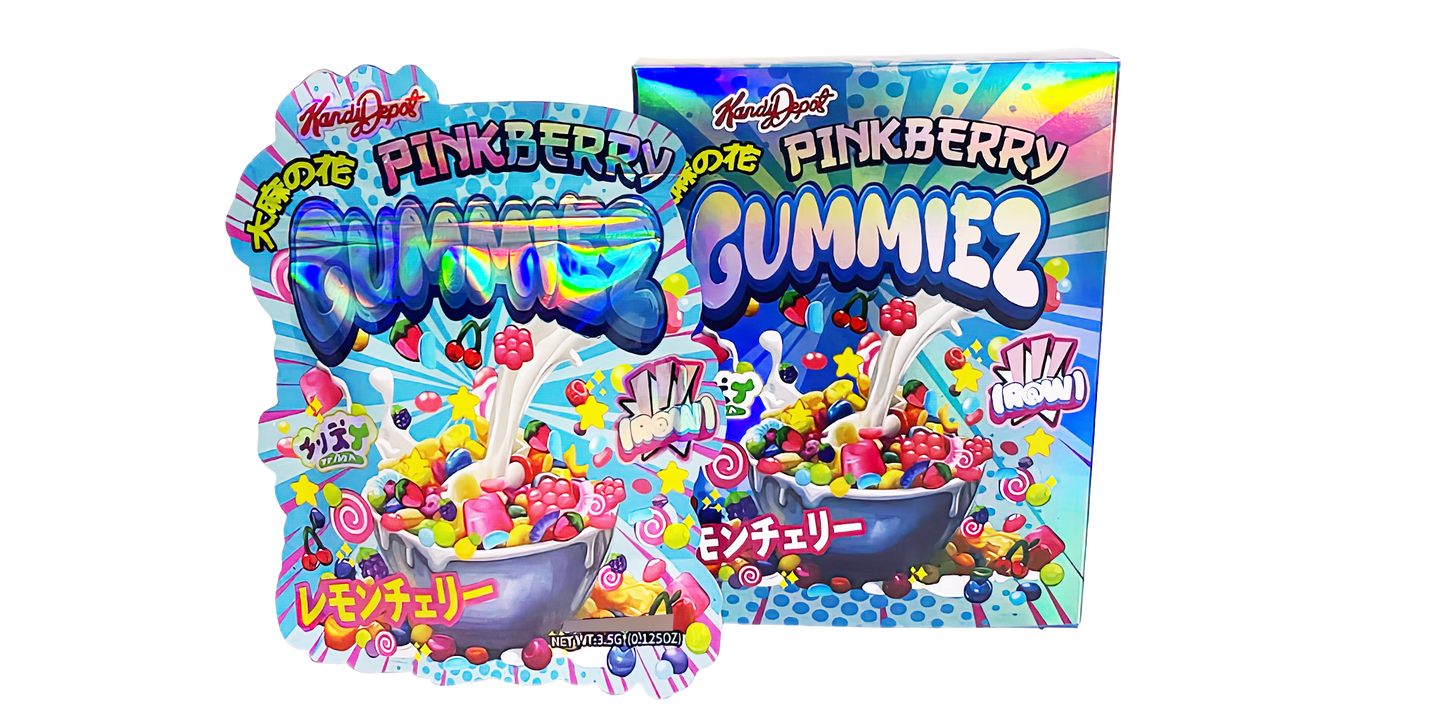 3.5g Shaped Mylar Storage Bag with Box - Pinkberry Gummiez (25 Storage Bags+25Boxes)