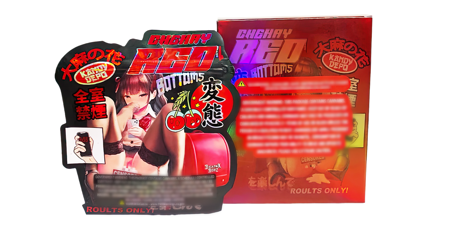 3.5g Shaped Mylar Storage Bag with Box - Cherry Red Bottoms (25 Storage Bags+25Boxes)