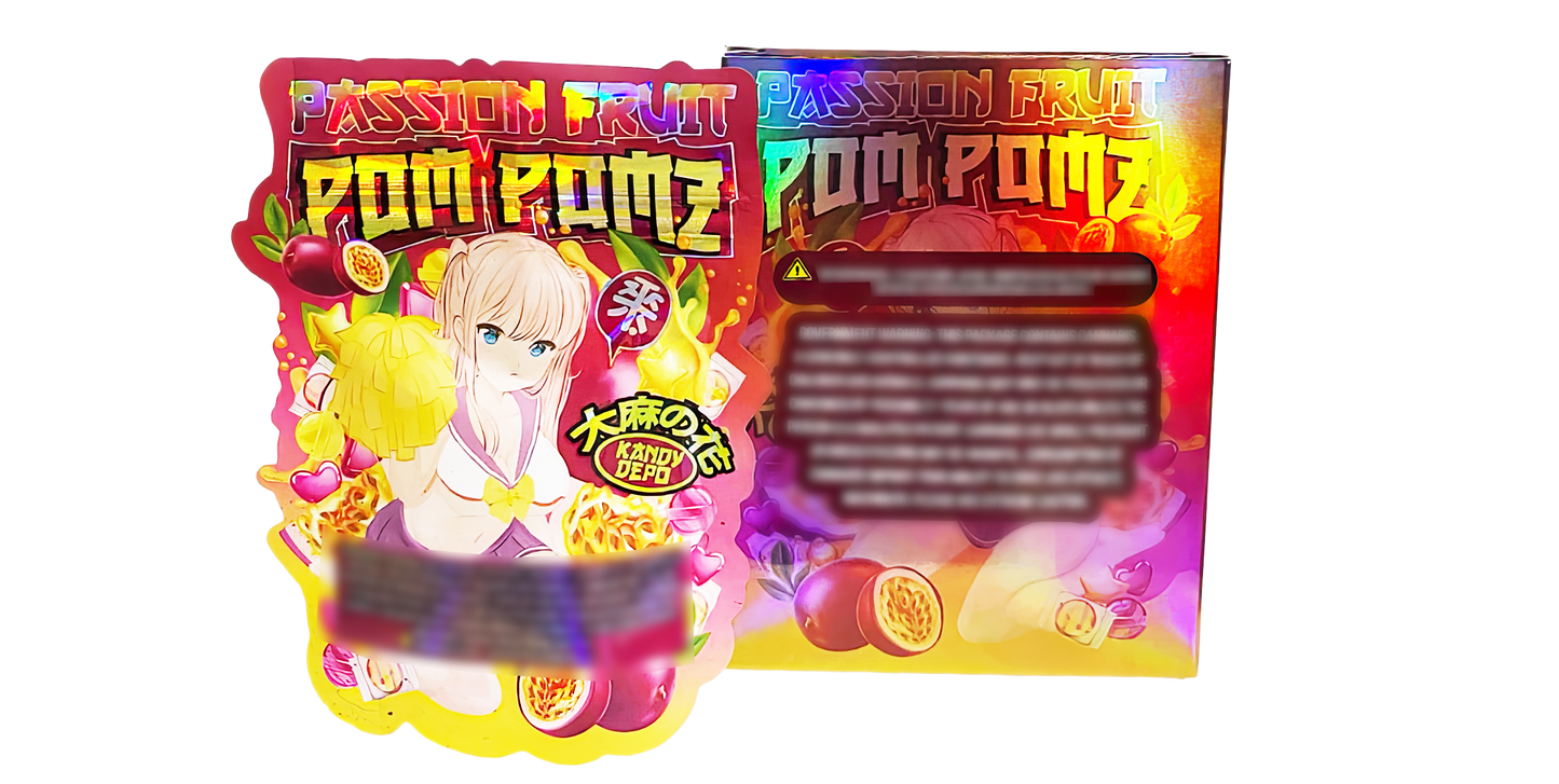 3.5g Shaped Mylar Storage Bag with Box - Passion Fruit Pom Pomz (25 Storage Bags+25Boxes)