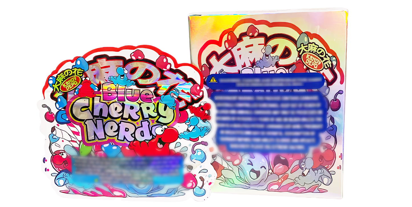 3.5g Shaped Mylar Storage Bag with Box - Blue Cherry Nerds (25 Storage Bags+25Boxes)