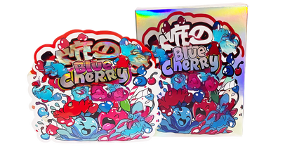 (25 Count) Decorative Zip Foil Pouches with Matching Boxes (4"x 5") Blue Cherry Graphic Set