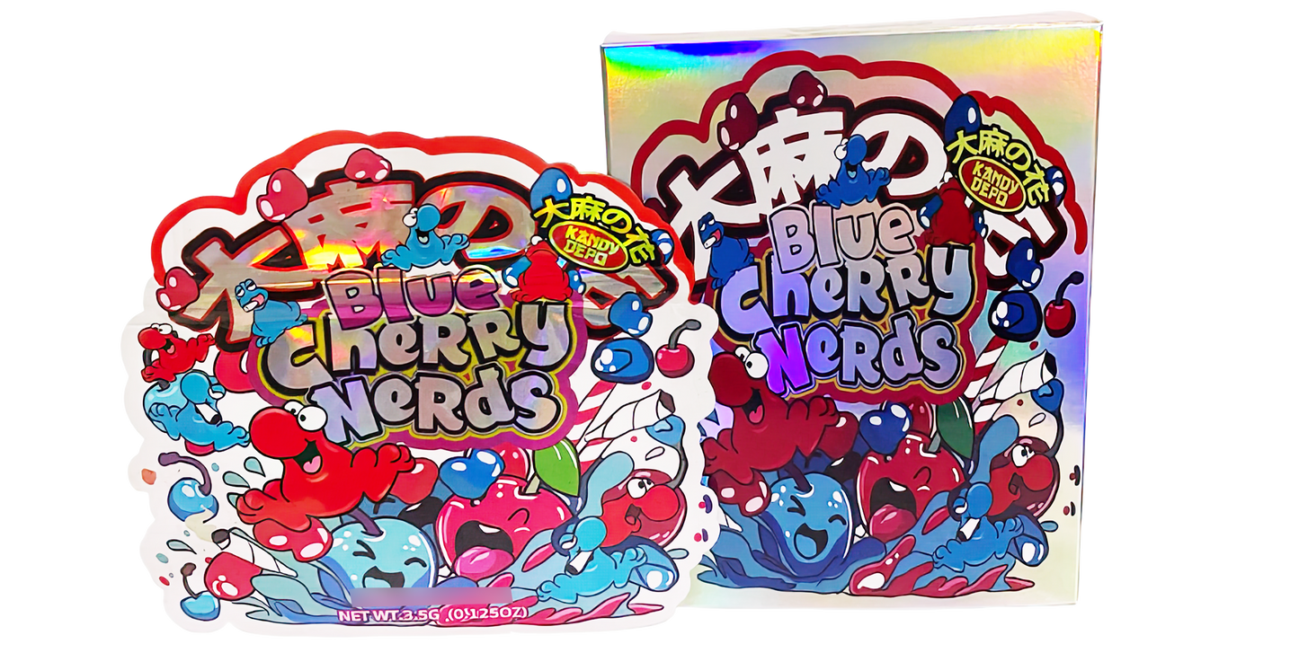 3.5g Shaped Mylar Storage Bag with Box - Blue Cherry Nerds (25 Storage Bags+25Boxes)