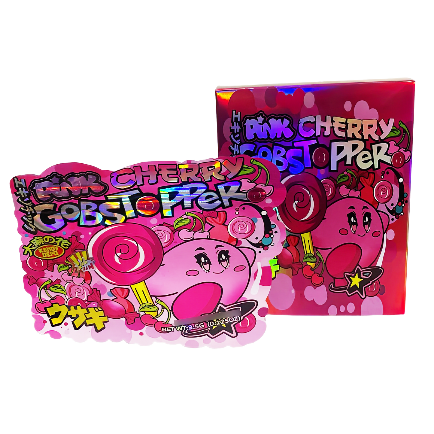 3.5g Shaped Mylar Storage Bag with Box - Pink Cherry Gobstopper (25 Storage Bags+25Boxes)