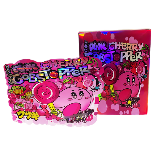 3.5g Shaped Mylar Storage Bag with Box - Pink Cherry Gobstopper (25 Storage Bags+25Boxes)