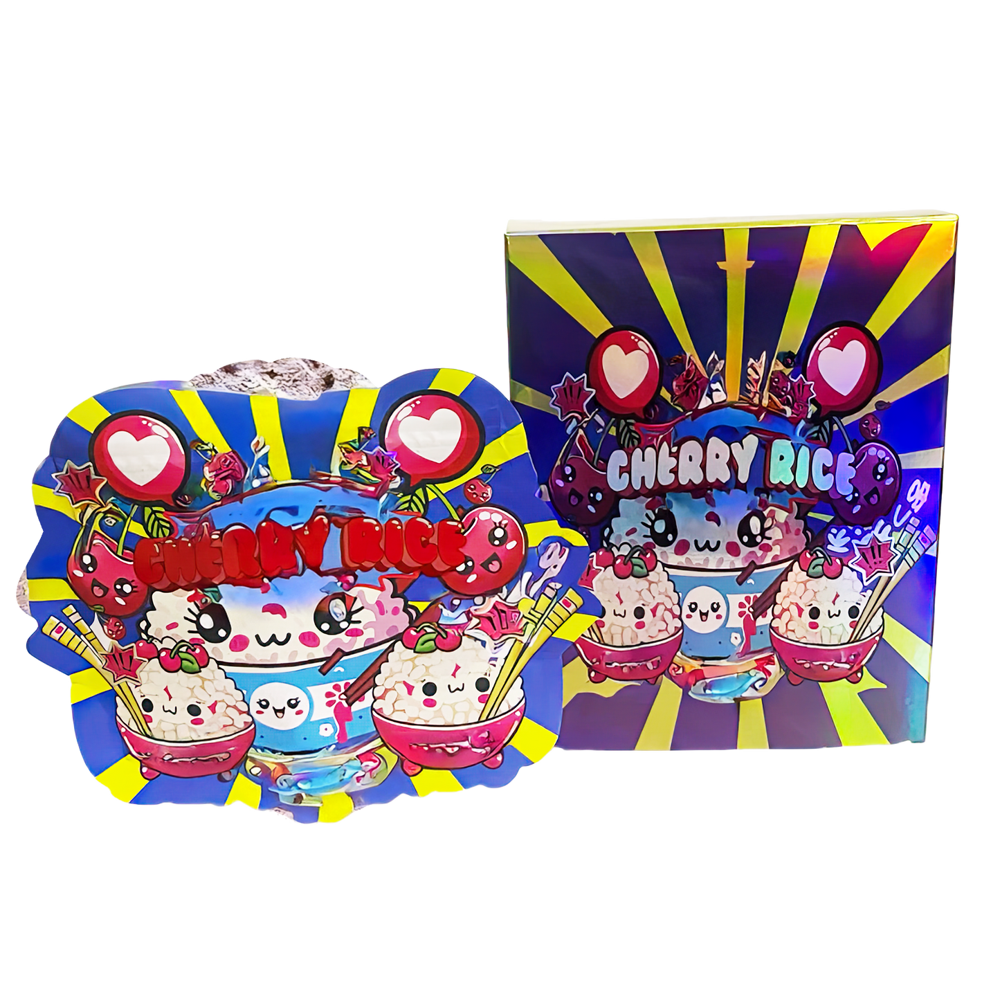 (25 Count) Decorative Zip Foil Pouches with Matching Boxes (4"x 5") Cherry Rice Graphic Set