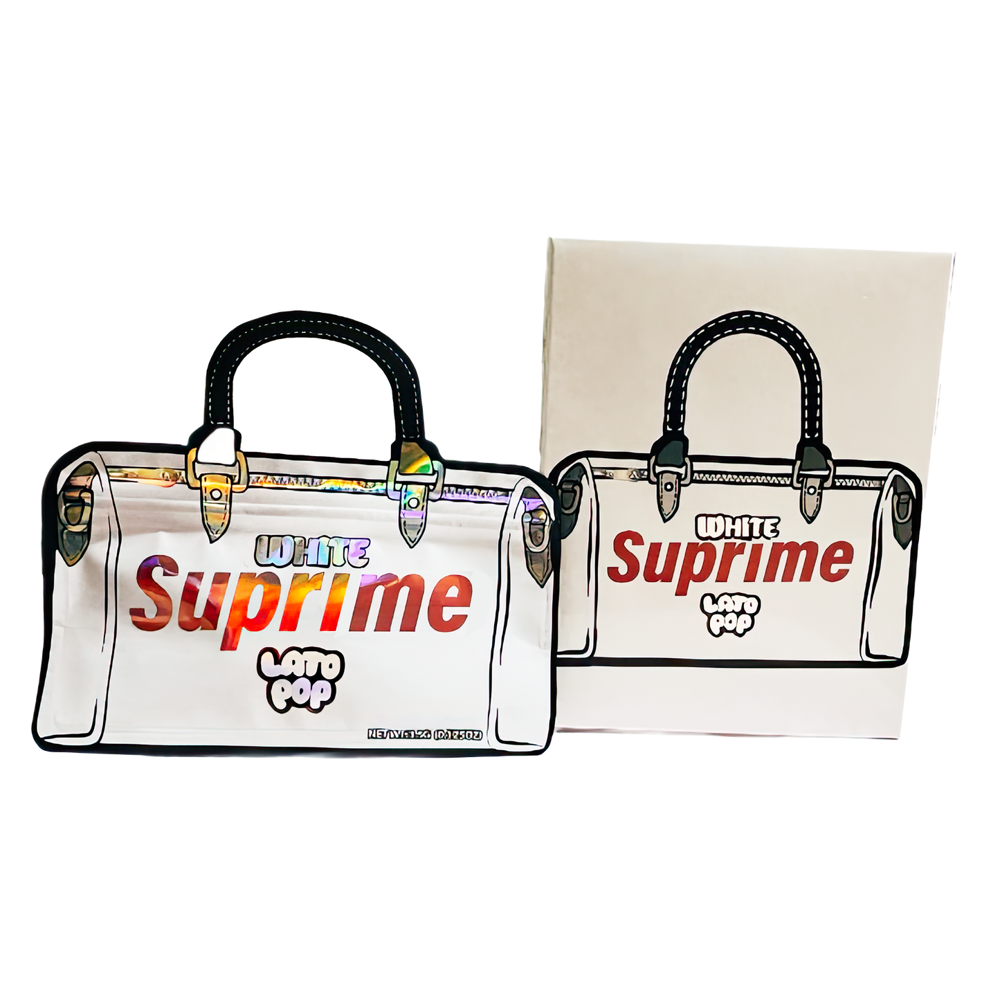 3.5g Shaped Mylar Storage Bag with Box - White Supreme Latopop (25 Storage Bags+25Boxes)